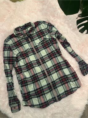 Chaps Red Navy Cream Plaid Zip Shirt